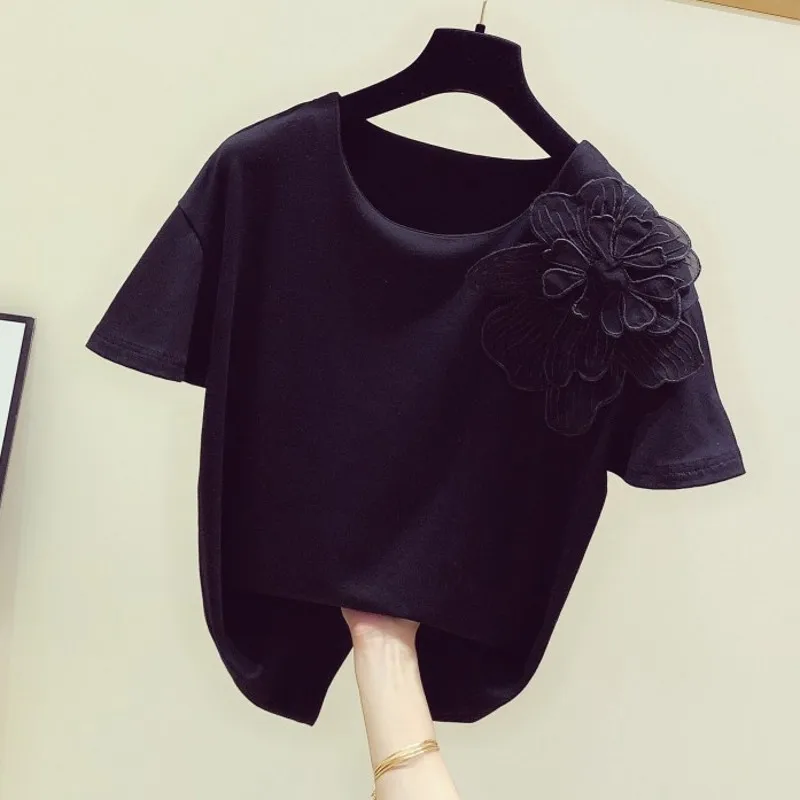 

2024 Summer New Flower Women T-shirts Solid O-neck Short-sleeved Loose Office Lady Elegant Pulls Tops Tees Top Quality