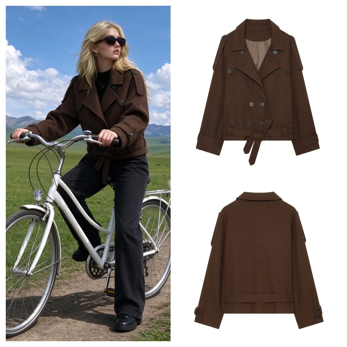 Guobioziy 2026 Winter Women's Coat, Notched Collar, Double Breasted Long Sleeves with Belt, Fashionable Casual Jacket