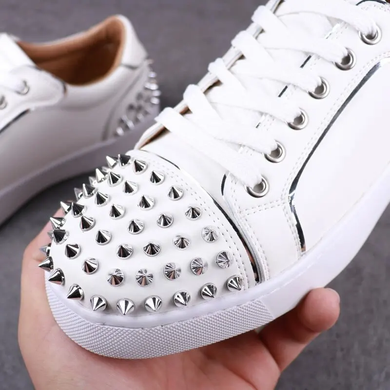 men luxury fashion rivets shoes lace-up flats white shoe stage nightclub dress original leather sneakers personality footwear