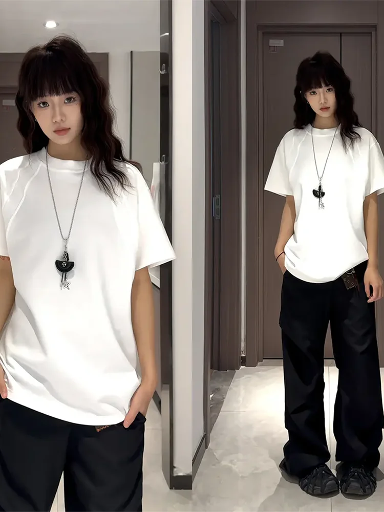 아메리칸 슬레 헤비웨이트 디컨스트럭티드 오르트 스베 여성 여름 클린핏 스몰 칼라 숄더 티셔츠 루즈 탑 (커플용)