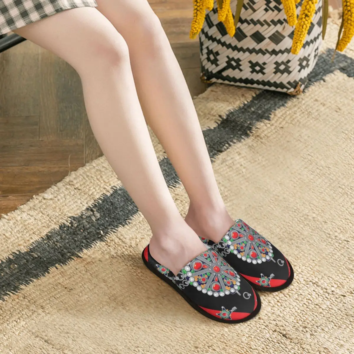 Custom Print Kabyle Style Jewelry Guest Slippers for Hotel Women Moroccan Carpet Pattern House Slipper