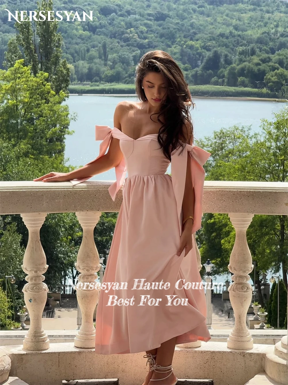 Nersesyan Blush rose Satin robes de bal bretelles à nœud une ligne robe de soirée formelle dos nu Occasion spéciale robes de soirée personnalisées