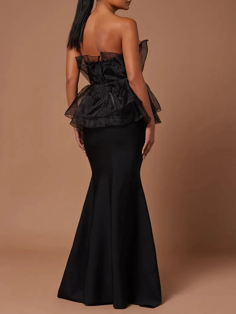 VC Black Mesh Strapless Bandage Long Mermaid Dress Ruffled Wasitline Tube Celebrity Cocktail Evening Party Gowns Vestidos