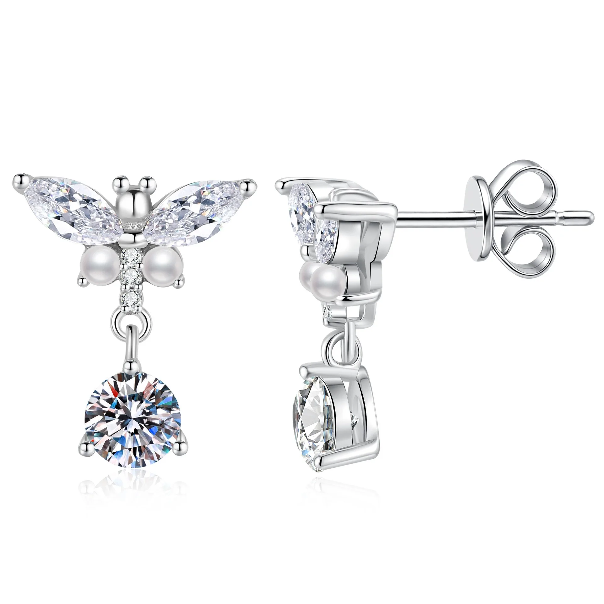 S925 فضة فراشة لؤلؤة مويسانيتي أقراط صغيرة أنيقة ترصيع مجوهرات فاخرة متعددة الاستخدامات للنساء