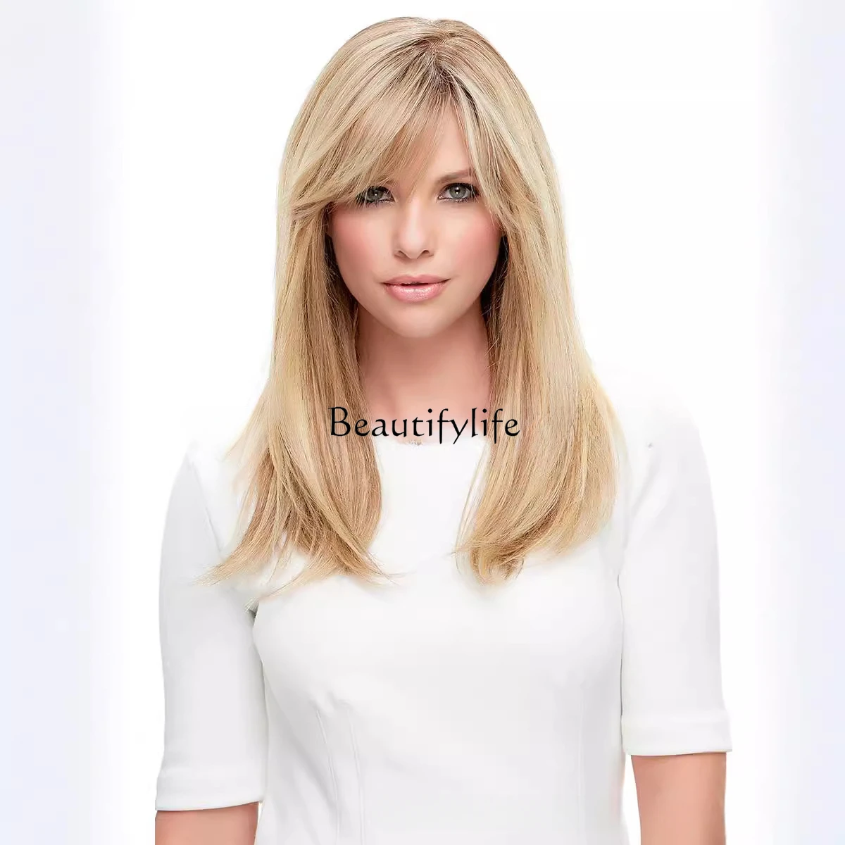 

Female long roll mixed with gold gradual change bleaching and dyeing fashion micro-curl hair, chemical fiber wig