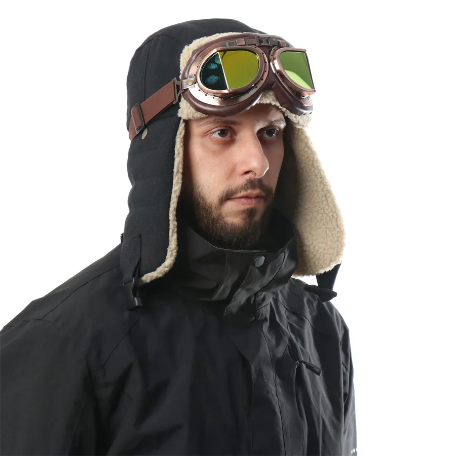 

Unisex Retro Lei Feng Style Windproof Outdoor Ski Flying Cap with Goggles Thickened Ear Flaps Warm Winter Hat