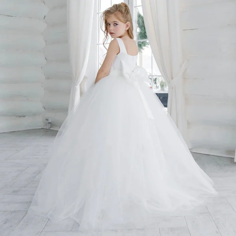 

Birthday Party Banquet Holy Communion Gowns Customized Flower Girl Dress White Tulle With Bow Sleeveless For Wedding