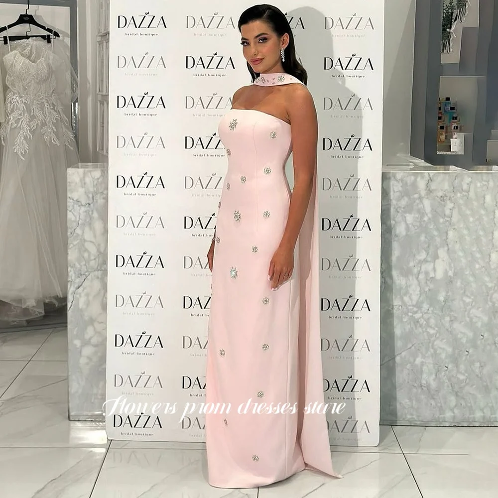 Flowers Straight Party Dress Crystal Stones Luxury Evening Dress with Scarf Crepe Beaded Formal Occasion Dress Customized