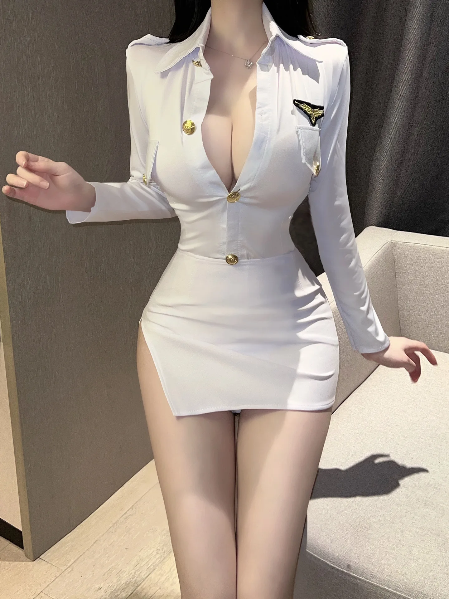 sexy white Long sleeved Button Tight fitting Wrap buttocks Short dress flight attendant attire cool and elegant vestido curto C9