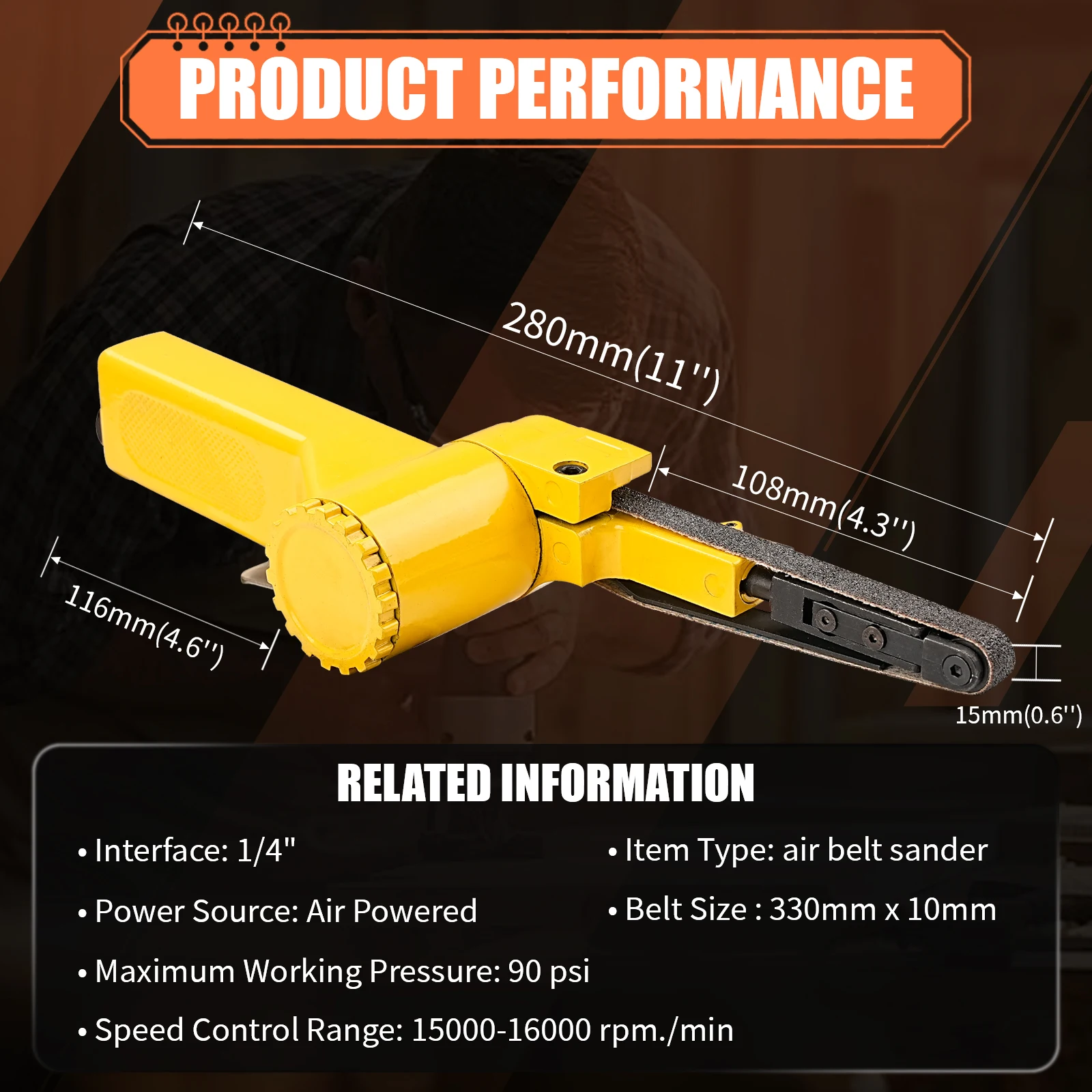 Grinder Mini Sander 10x330mm Pneumatic Polisher Set for Corner Metal Wood Deburring and Grinding Comes with 12pcs Sanding Belt