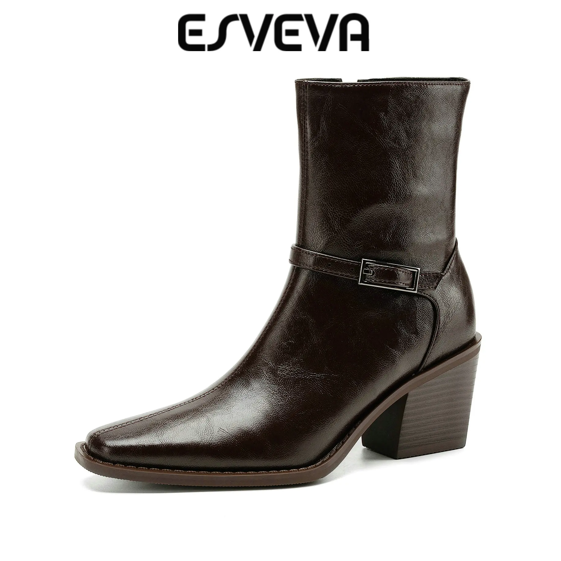 ESVEVA 2027 Fashion Winter Women Ankle Boots Woman Shoes Autumn Genuine Leather High Heels Square Toe Buckle Short Boots 34-39