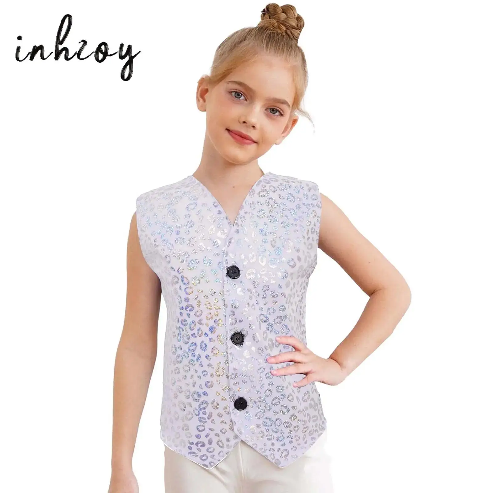 

Kids Girls Boys Jazz Hip Hop Dance Tops V-neck Sleeveless Asymmetrical Hem Button Metallic Plaid Vest Stage Performance Costumes