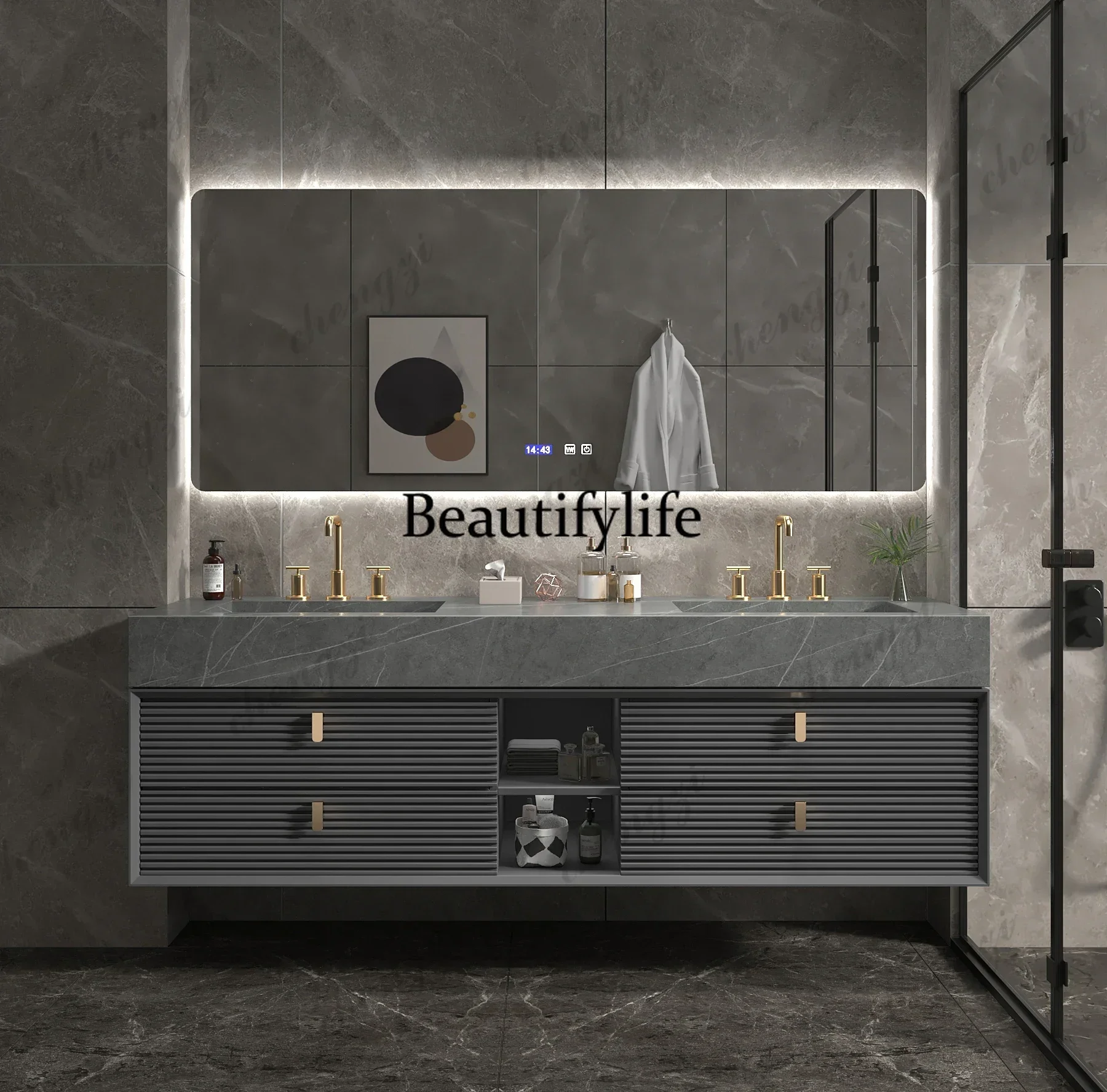M02 Light Luxury Modern Slate Kit Bathroom Mirror Lamp Cabinet Sink Faucet One-piece Double Basin Oak Combination Solid Wood Was