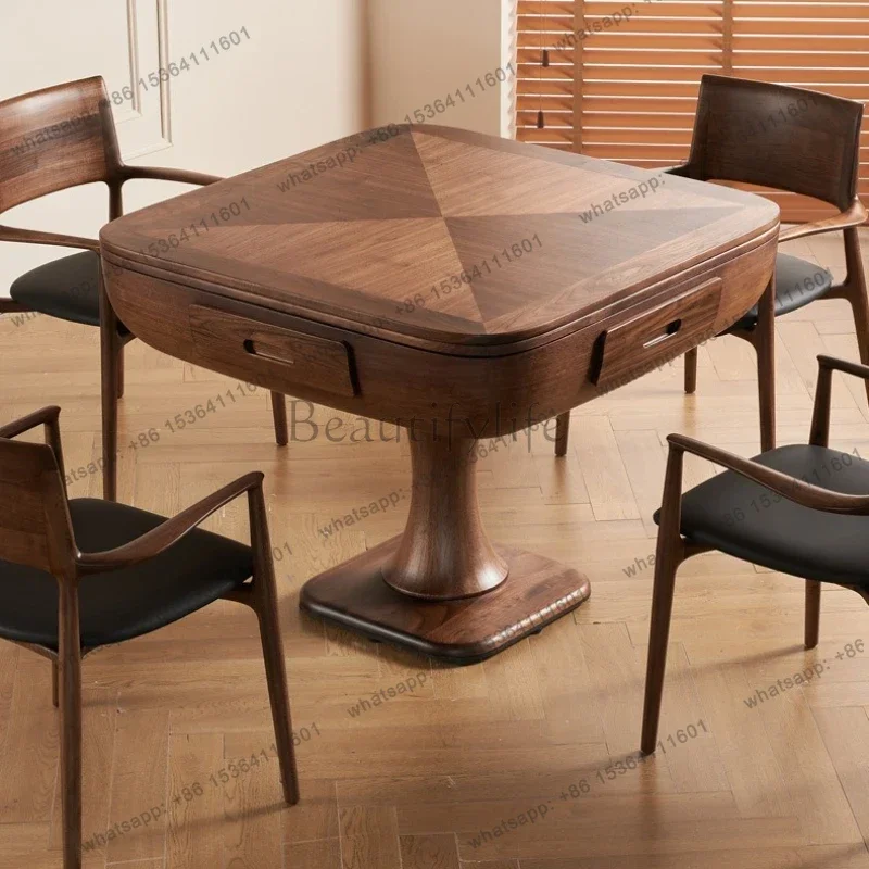 Black walnut household solid wood mahjong machine dining table integrated dual-purpose  modern light luxury automatic moveme