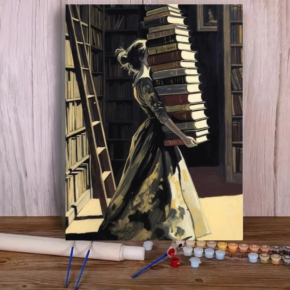 Pintura al óleo vintage de señora con una pila de libros en la biblioteca, decoración de pared DIY para sala de juegos o sala de estar, regalo sin marco