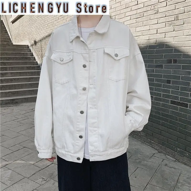 Spring and Autumn White Denim Jacket Men's Hong Kong Style Loose Trendy Brand Tooling Jacket Ins Korean Version Trendy Top