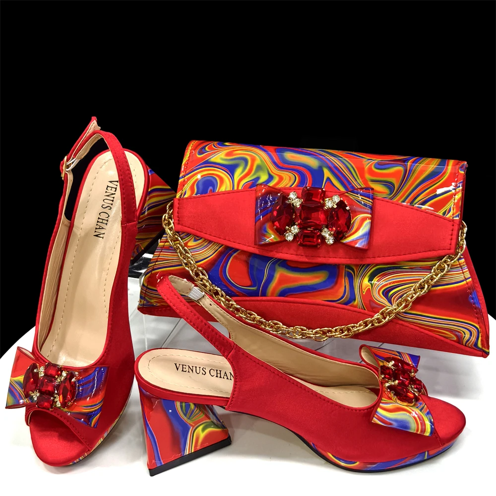 2024 Summer Red Decoration Rhinestone Embellishment Party Style Fish Billed High Heels African Women Shoes Bag