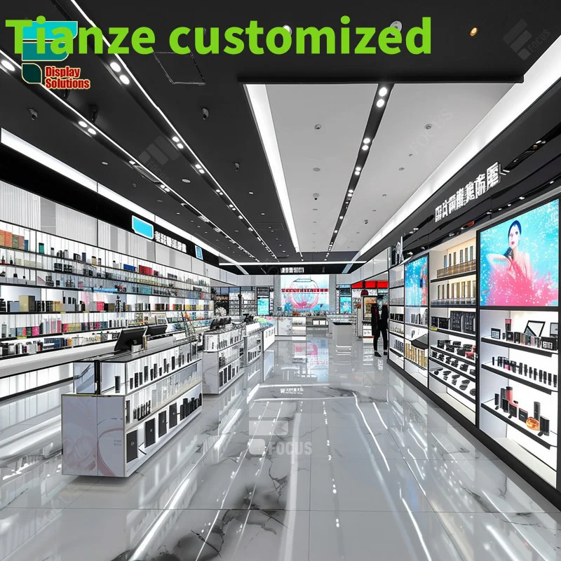 

Customized-Cosmetics Display Shop Perfume Kiosk Display Rack Wig Shelf Shelves Retail Store With Light Beauty Supply