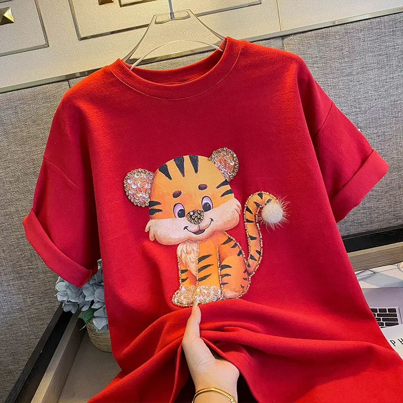 Summer Medium Long Girl T Shirt Print Cartoon Cute Tiger Casual Tees Sanding German Velvet Diamond Beaded Hairball Tops Female