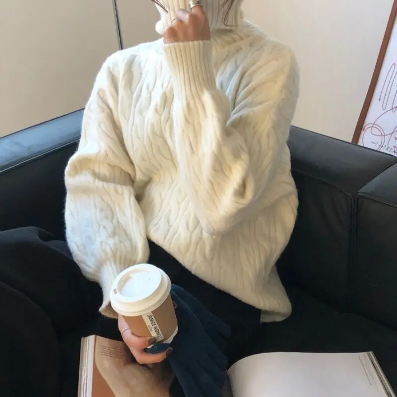 

Женский свитер с высоким воротником, осень-зима, новый корейский стиль, свободный крой, удобные толстые вязаные пуловеры