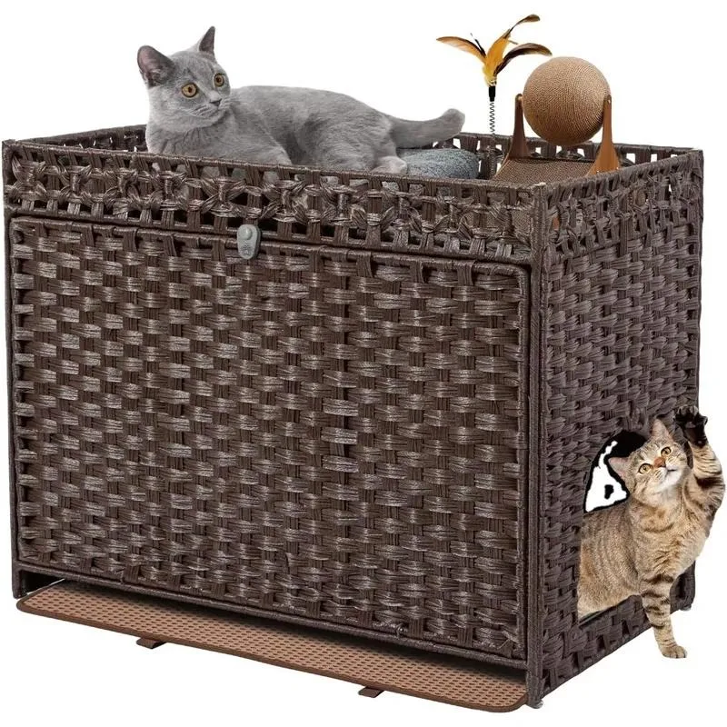 Hidden Litter Box Shell Furniture Hand Woven Rattan Pet House for Large Cats with Doors