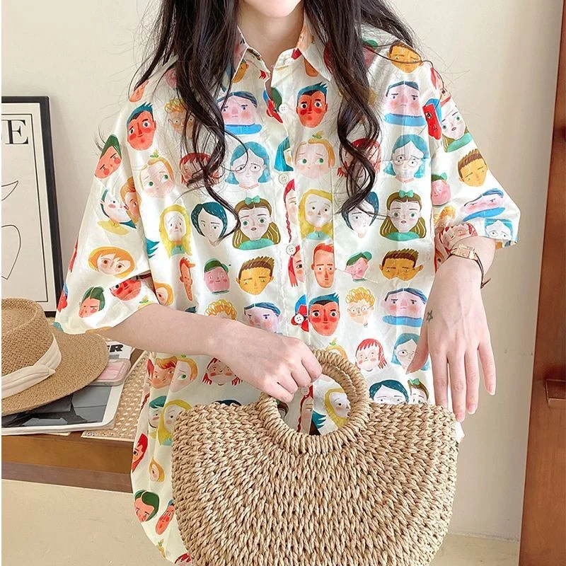 2024 Summer Women Harajuku Cartoon Character Print Blouse Fashion Streetwear Blouses Personality Short Sleeve Casual Shirts Tops