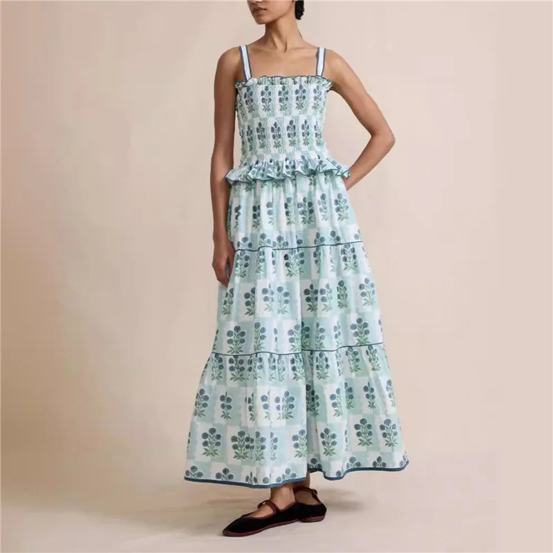 AOAO-ผู้หญิงฤดูร้อนBoho Tieชุดไหล่Y2kดอกไม้Smocked FlowyชุดยาวRuffleฉัตรBeach Vocation Sundress