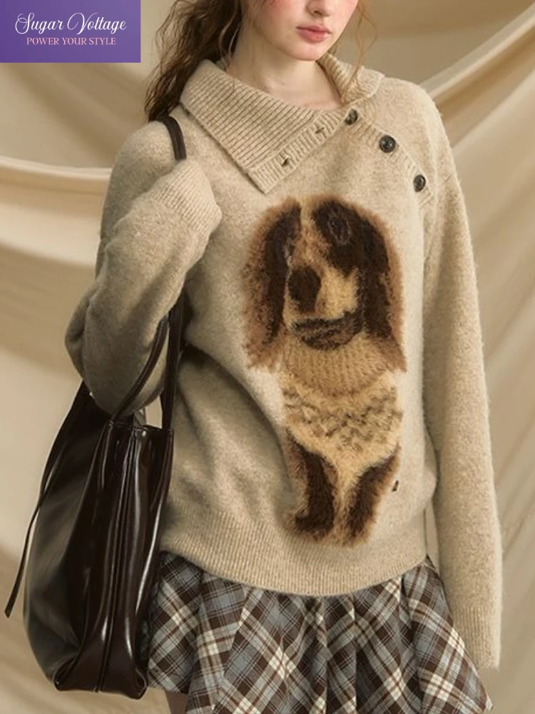 Sweat-shirt à manches longues pour femmes, Vintage français, élégant, Chic, graphique de chien, col incliné, tricot doux, hauts rétro décontractés, automne