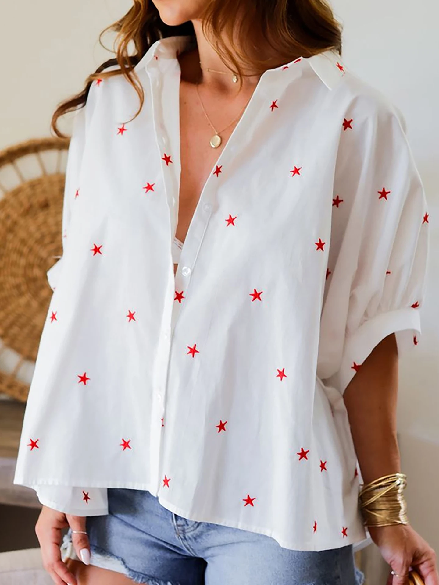 

Loose Printed Flip-Collar f Sve irt Women's Summer New Sle ING Star Print Casual Faion Polyester irt