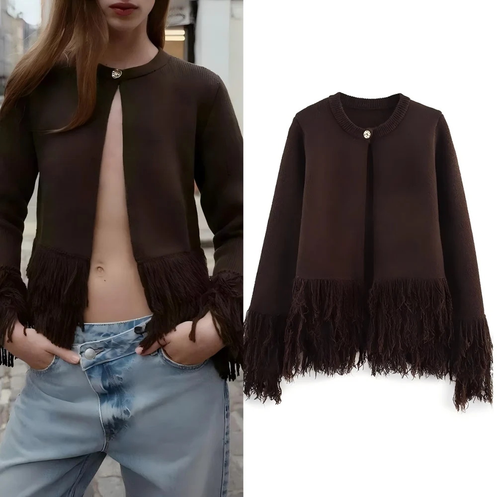 

Women's new fashion tassel decoration casual one button knitted cardigan retro long sleeved women's coat chic top