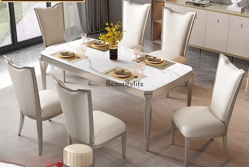 American light luxury rock slab dining table and chair combination simple modern rectangular Italian solid wood