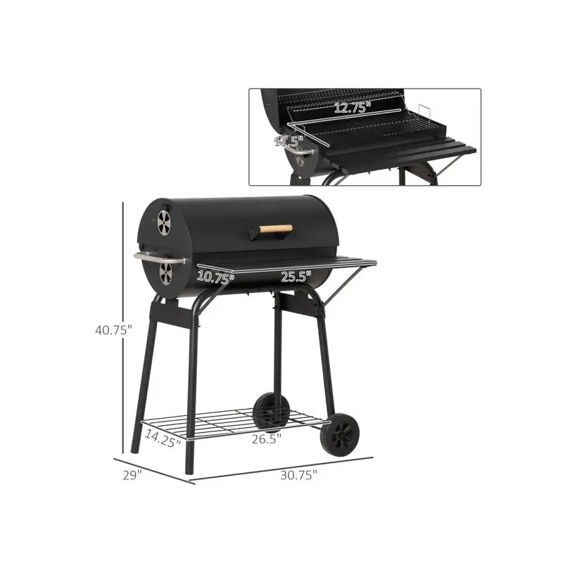 

Portable Charcoal BBQ Grill - 30-inch Steel Outdoor Smoker with Storage Shelf & Wheels for Garden, Camping, and Picnics -