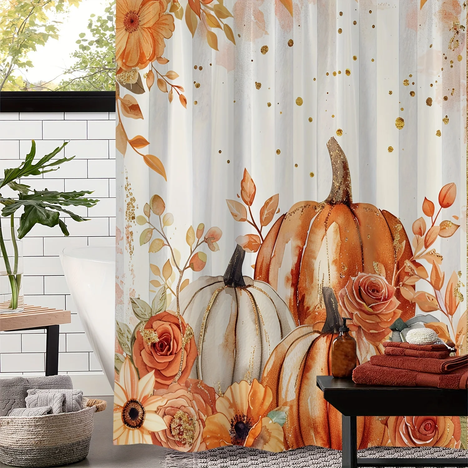 Vintage Pumpkin Floral Print Shower Curtain, Fall Autumn Design, Water-Resistant Polyester