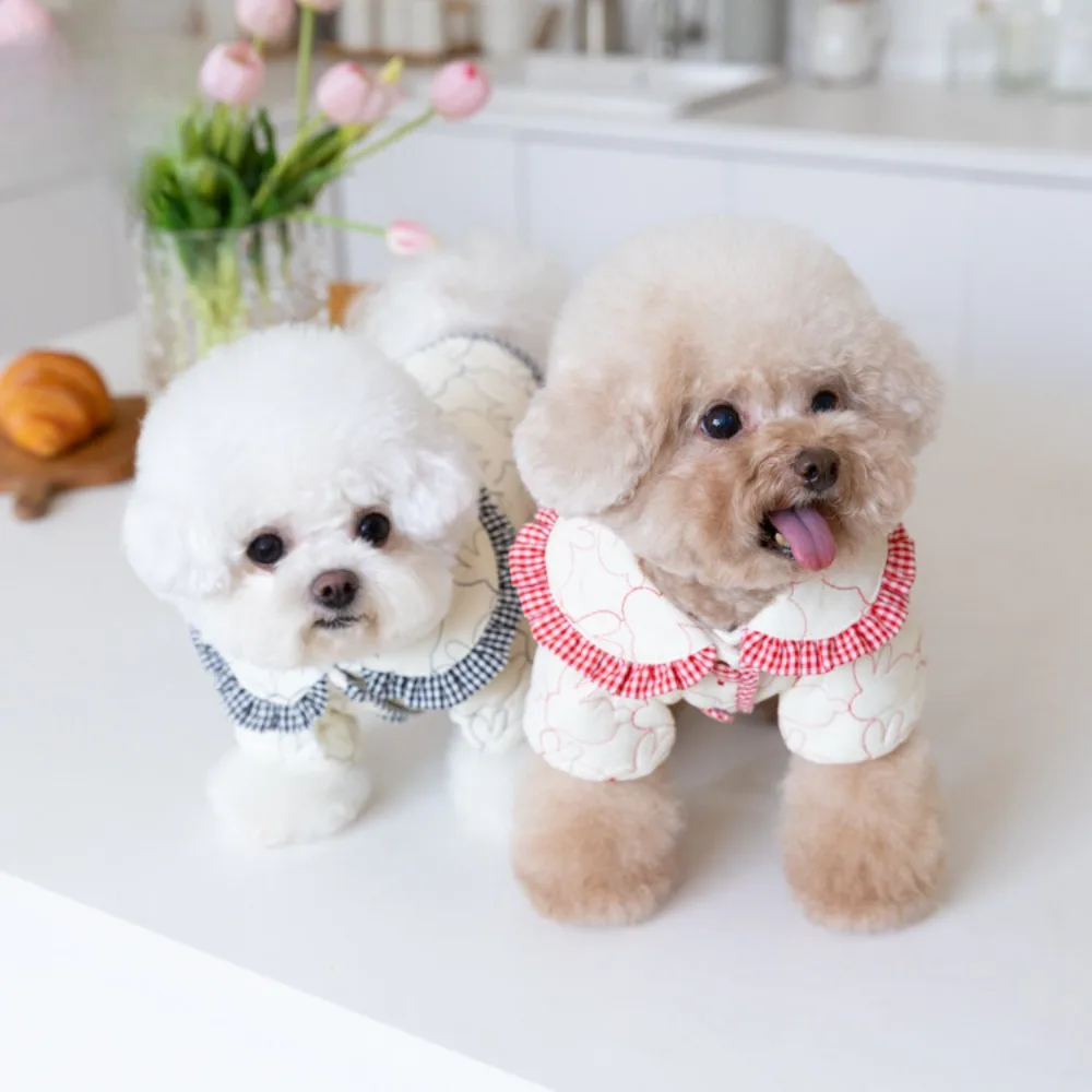 Autumn and Winter Embroidered Cotton Parkas Cute Plaid Lapel Coat Cute Warm Coat Cat and Dog Clothing Pet Clothing Teddy Bear