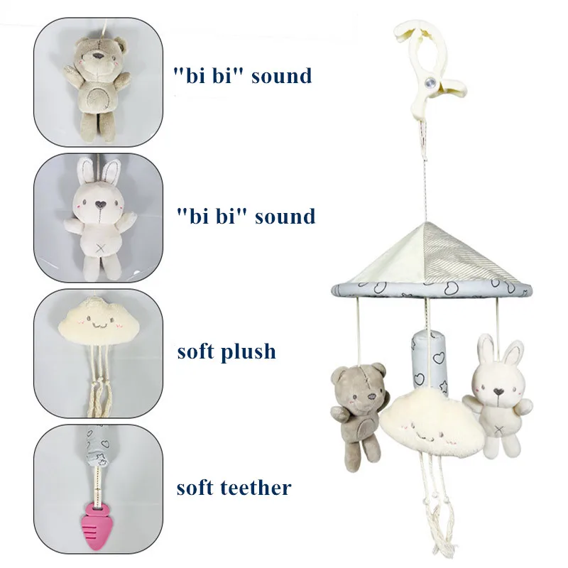 신생아 침대용 회전 딸랑이 장난감 부드러운 플러시 동물 모양 침대 모빌 벨 윈드 차임 아기 카시트용 딸랑이 클립
