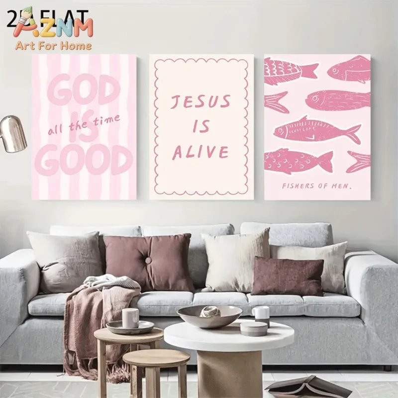 Unframed 3PCS Pink Christian Scripture Canvas Wall Art Jesus Quote Fish Pattern Print Poster Home Living Room Bedroom Decor Canv