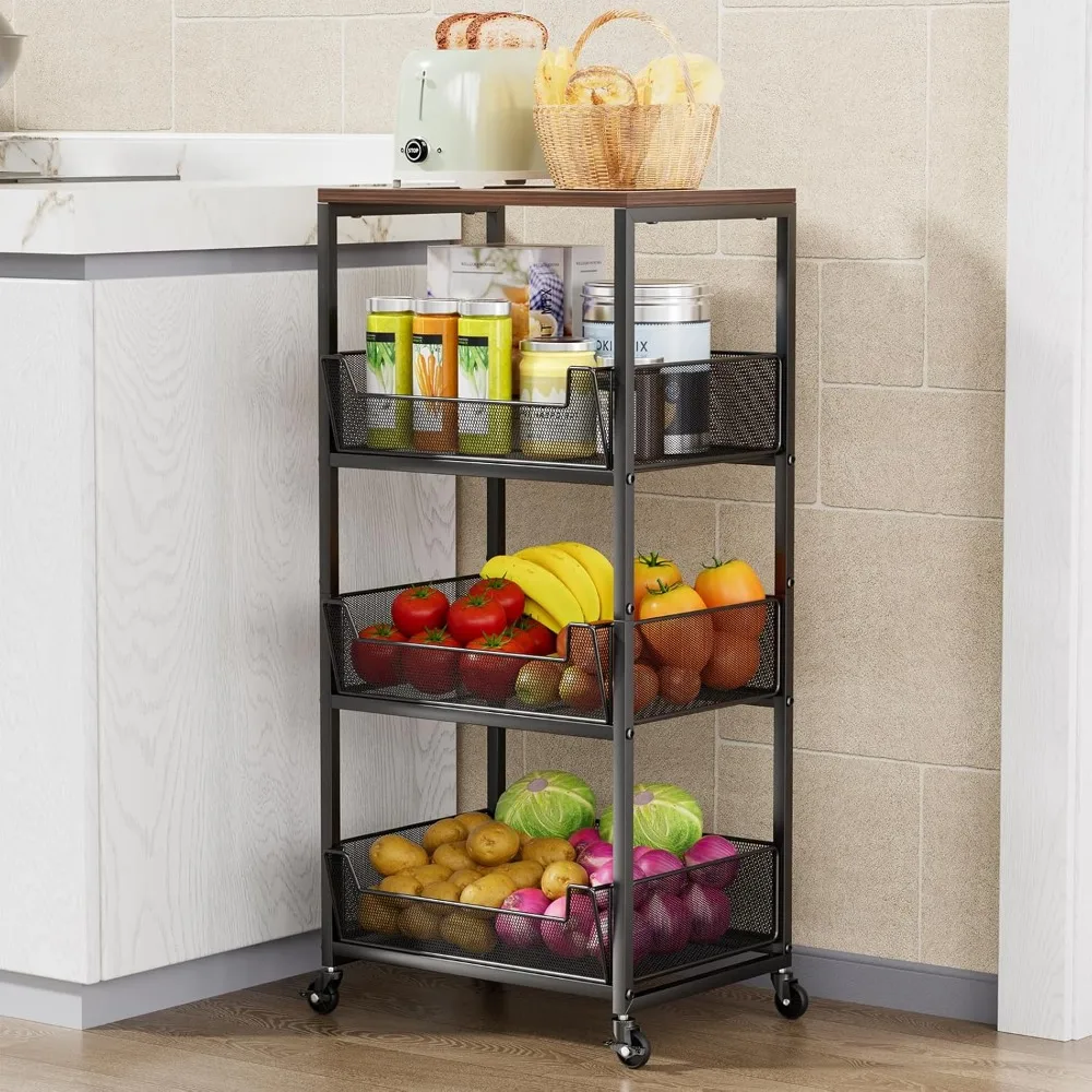 Fruit Basket Kitchen Cart - 4-Tier Rolling Storage Cart with Wheels, Fruit Vegetable Basket with Wood Top, Pantry Utility Kitch