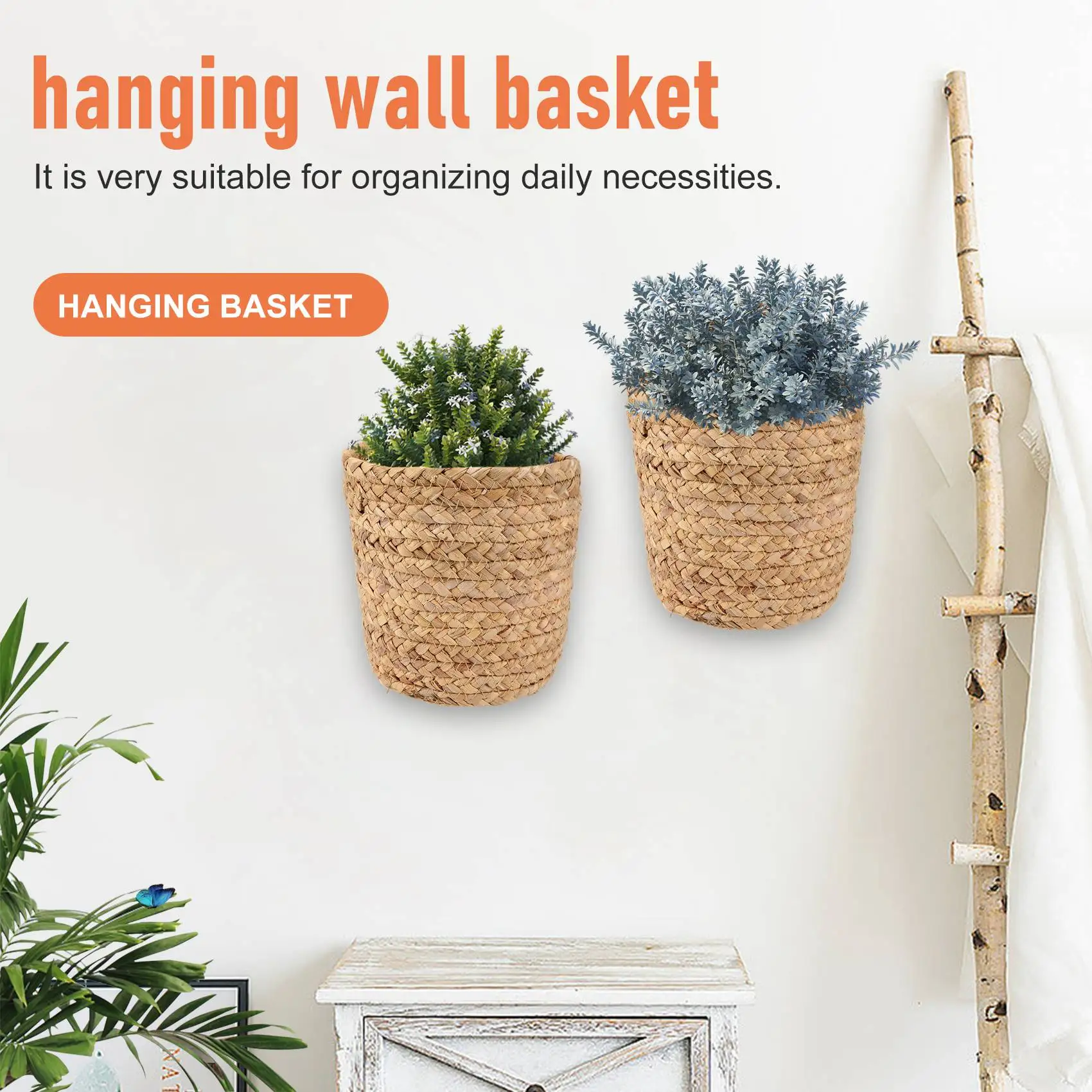 LICE-Wall Hanging Rattan Basket Planter Indoor Outdoor Hanging Rope Flower Plant Pot Basket Decor,Hanging Flowerpot Basket