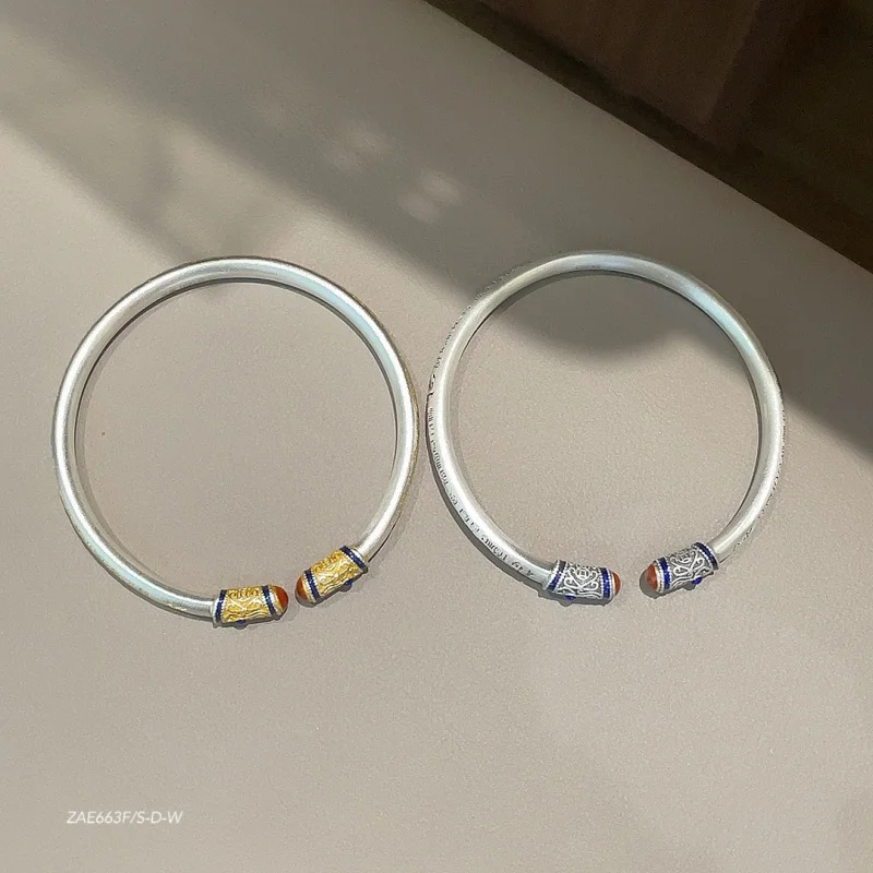 Silver 999.9 Gold-Plated Sand Old Enamel Hundred Blessings Solid Open Bracelet