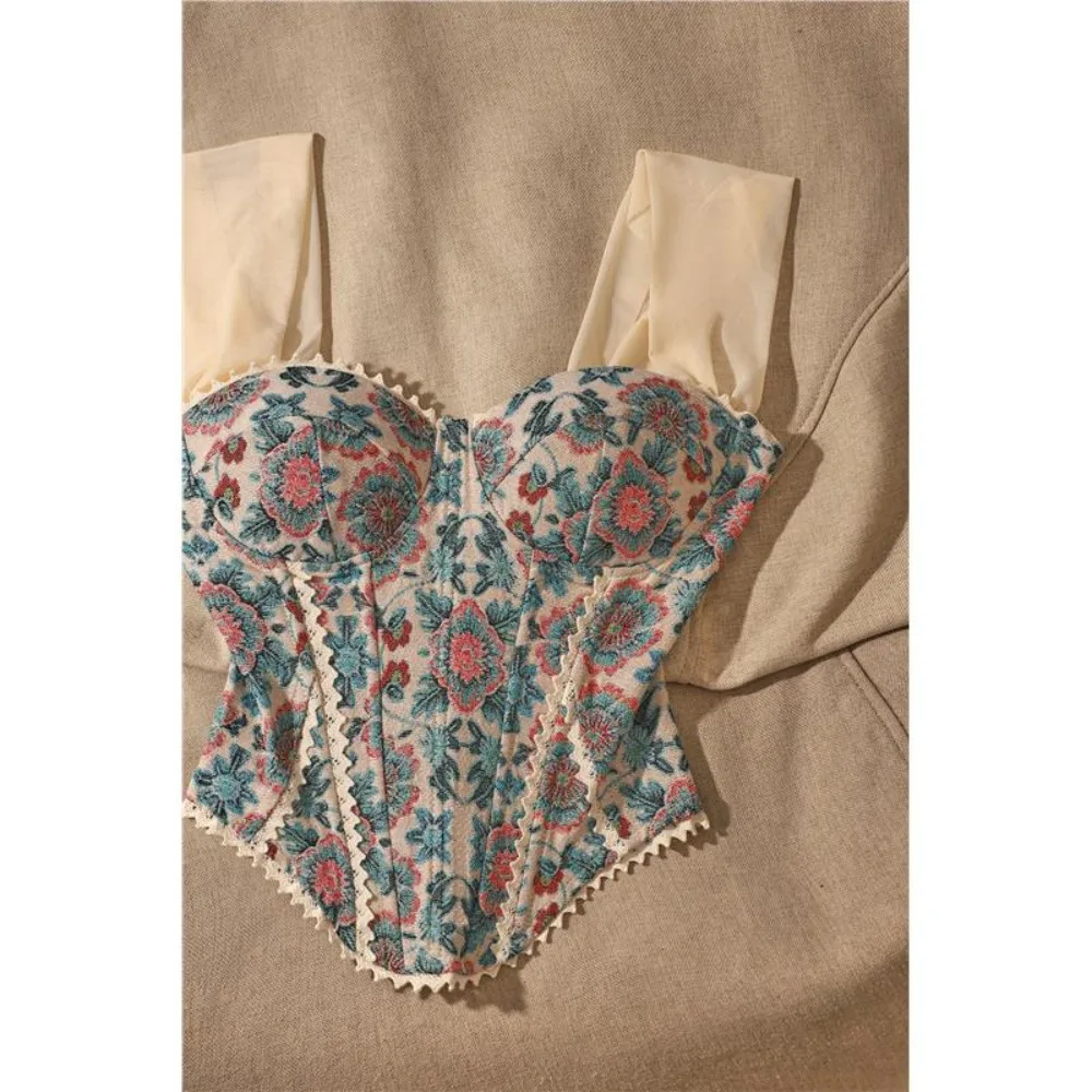 Womens Palace Style Jacquard Lace Trim Bustier Mesh Cami Tie Up Slim Fit Short Top Retro Vintage Party Evening Sleeveless Vest