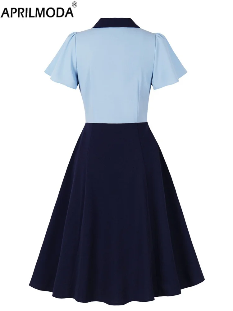 Turn Down Collar Shirt Short Women Vintage Party Evening Dress Patchwork Solid Button A Line Casual Preppy Style Flare Tea Dress