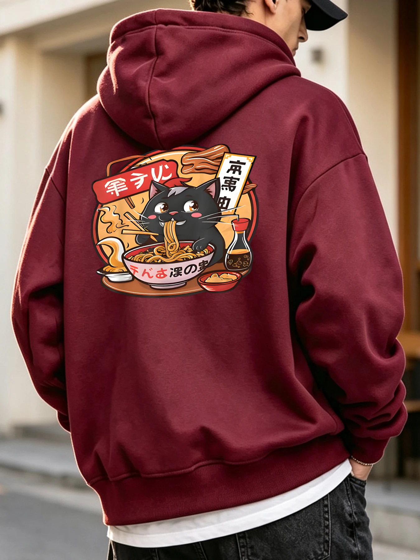 Cat Enjoying Delicious Lamian Noodles Print Mens Loose Hoodie Autumn Casual Pullover All-Match Fleece Tops Comfy Soft Streetwear