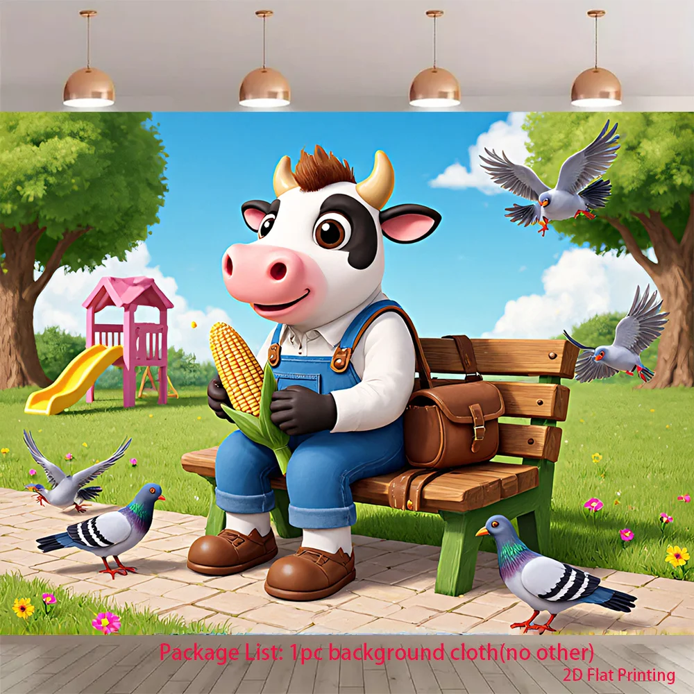 Cute Cow Eating Corn Tapestry, Cartoon Farm Animal Wall Hanging, Funny Garden Park Decor for Kids Room Living Room