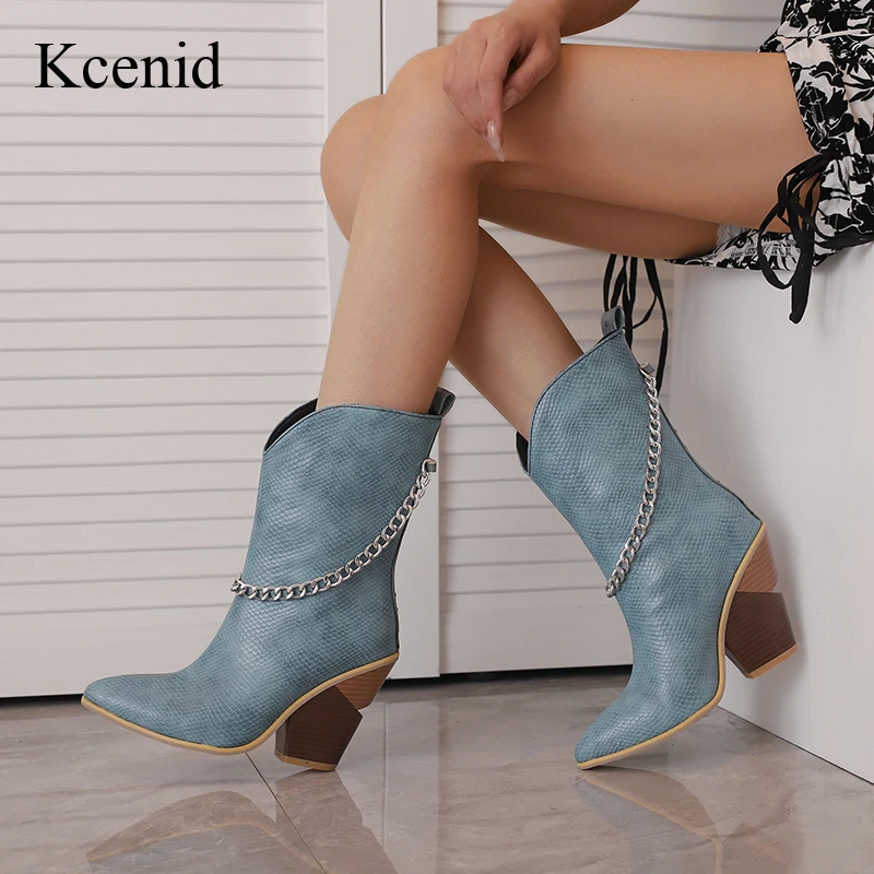 

Kcenid Plus Size 48 Design Female Chunky High Heels Western Boots Fashion Pointed Toe Boots Women Party Cowboy Woman Shoes