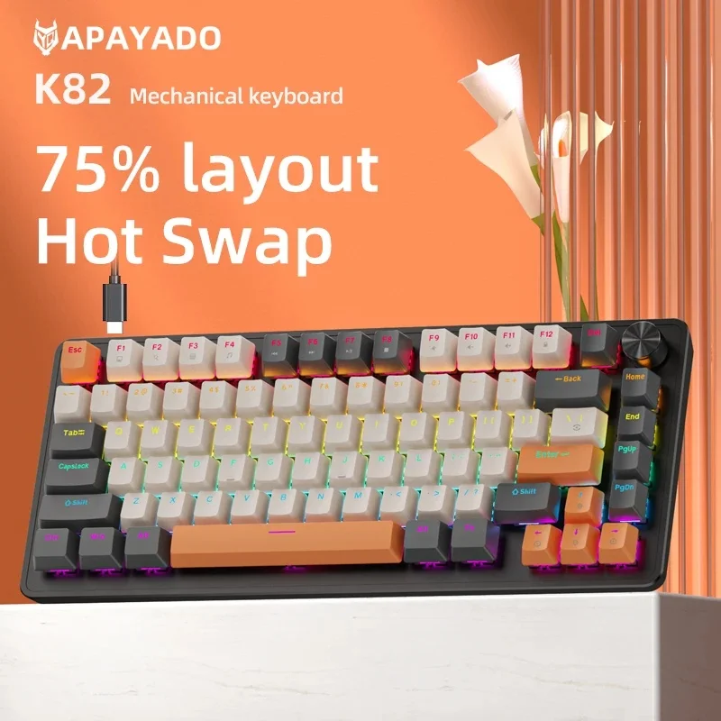 K82 Gaming Mechanical Keyboard with Media Knob APAYADO Hot Swap Wired Keyboard Transparent Character Backlighting ABS Keycaps