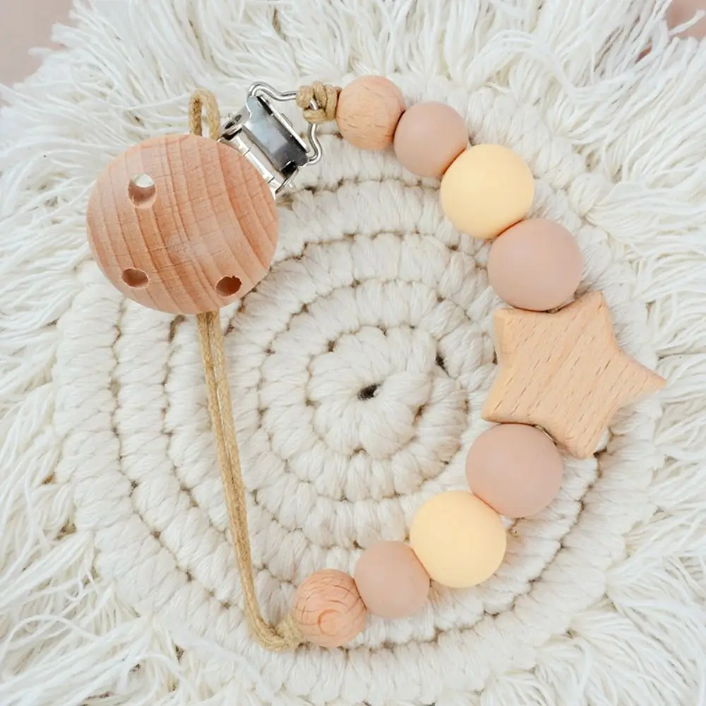 Dummy Clips Pacifier Holder Clips Star Wood Baby Pacifier Chain Nipple Holder Clips Soother Holder Baby Teether Toys Straps DIY