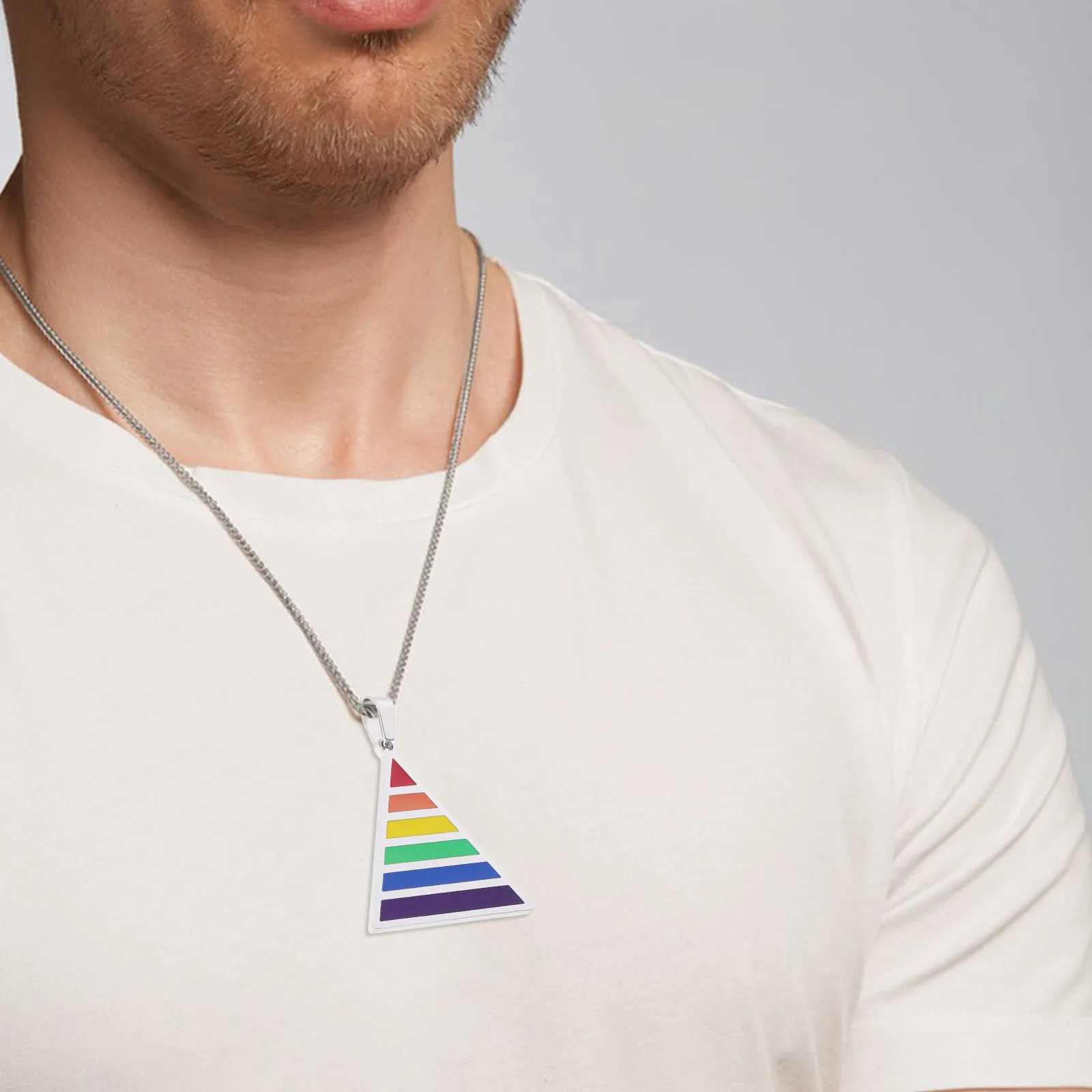 

Rainbow Pendant Silver Necklace Men Chain Pride Triangle Fashion Durable Metal Jewelry neck chain for men necklace decoration