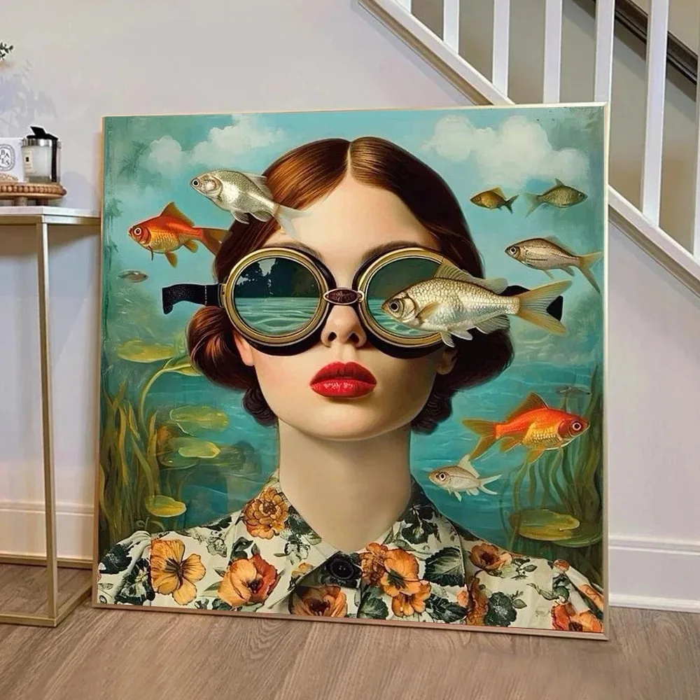 Glasses Woman With Flowers Nordic Boho Wall Art Canvas Painting Butterfly With Girl Portrait Poster For Living Room Home Decor