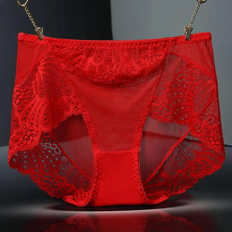 

Ladies' Sexy Lace Ice Silk Sl Cotton Crotch Transparent Large Size e Underwear mid Waist Eighteen Pants