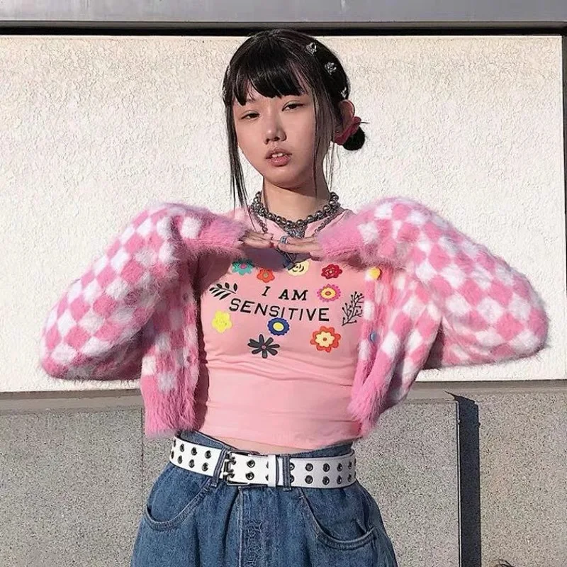 Soft Pink Fantasy Checkerboard Lolita Girls Sweater Coat Imitation Mink Plaids Knitted Cardigan Mohair Jacket Cardigan Crop Tops